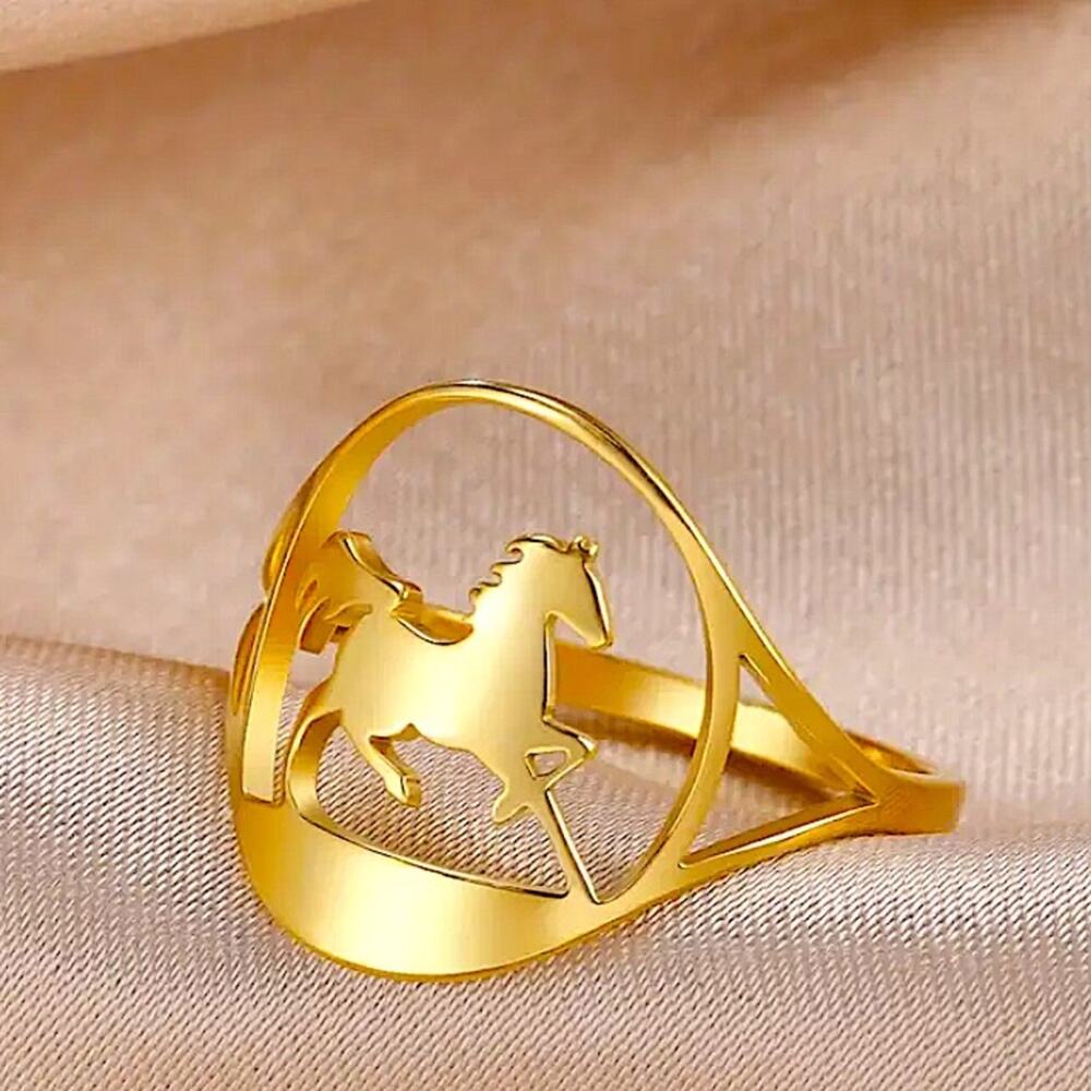 Gold Stainless Steel Horse Ring Cut Out Unisex